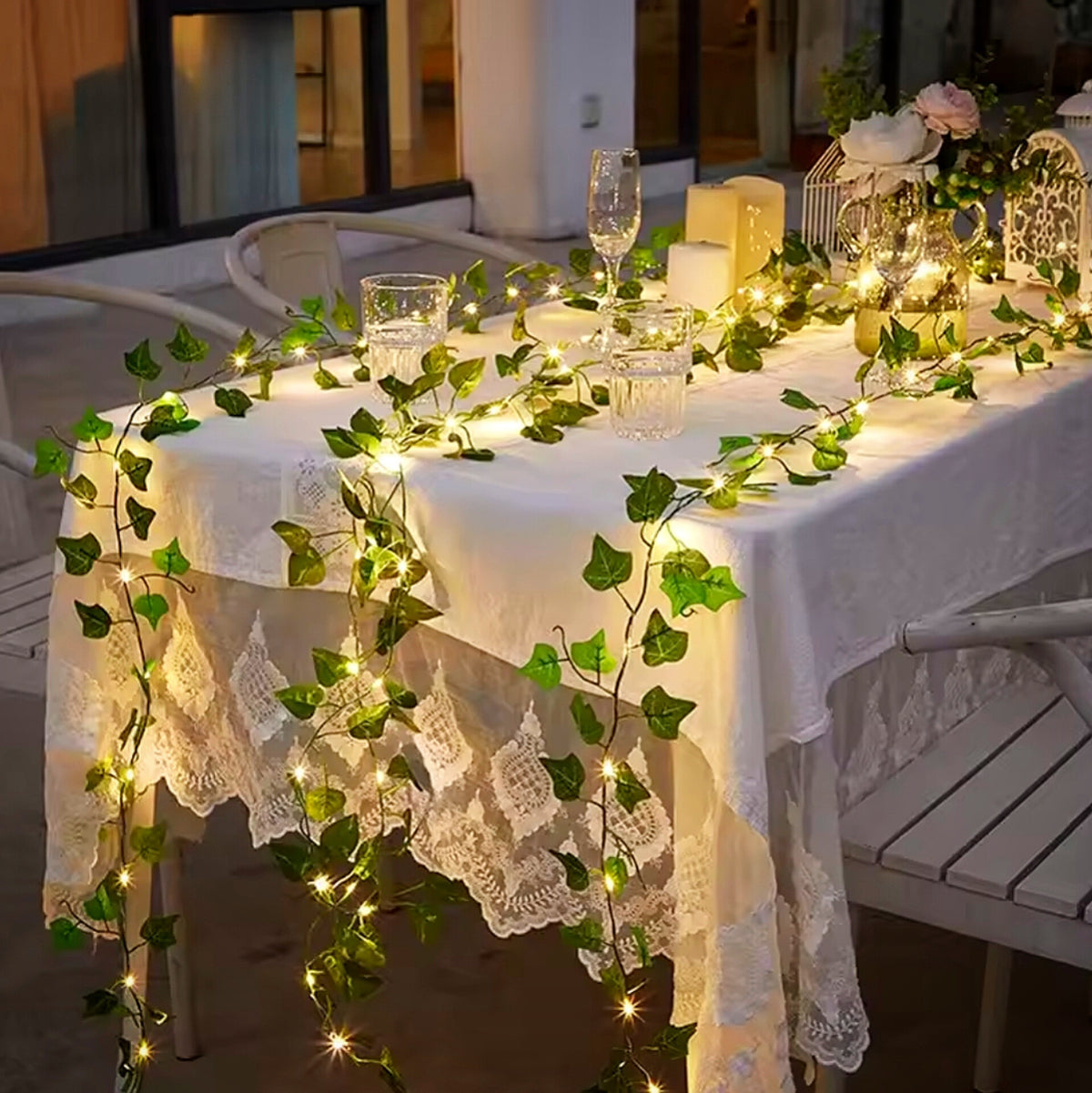 Decorative string lights for the home, battery-operated string lights for Christmas trees, featuring artificial vines, green leaves, and flowers